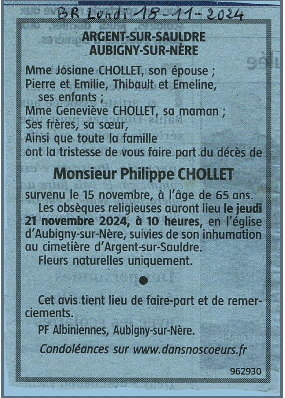 Décès de Philippe CHOLLET